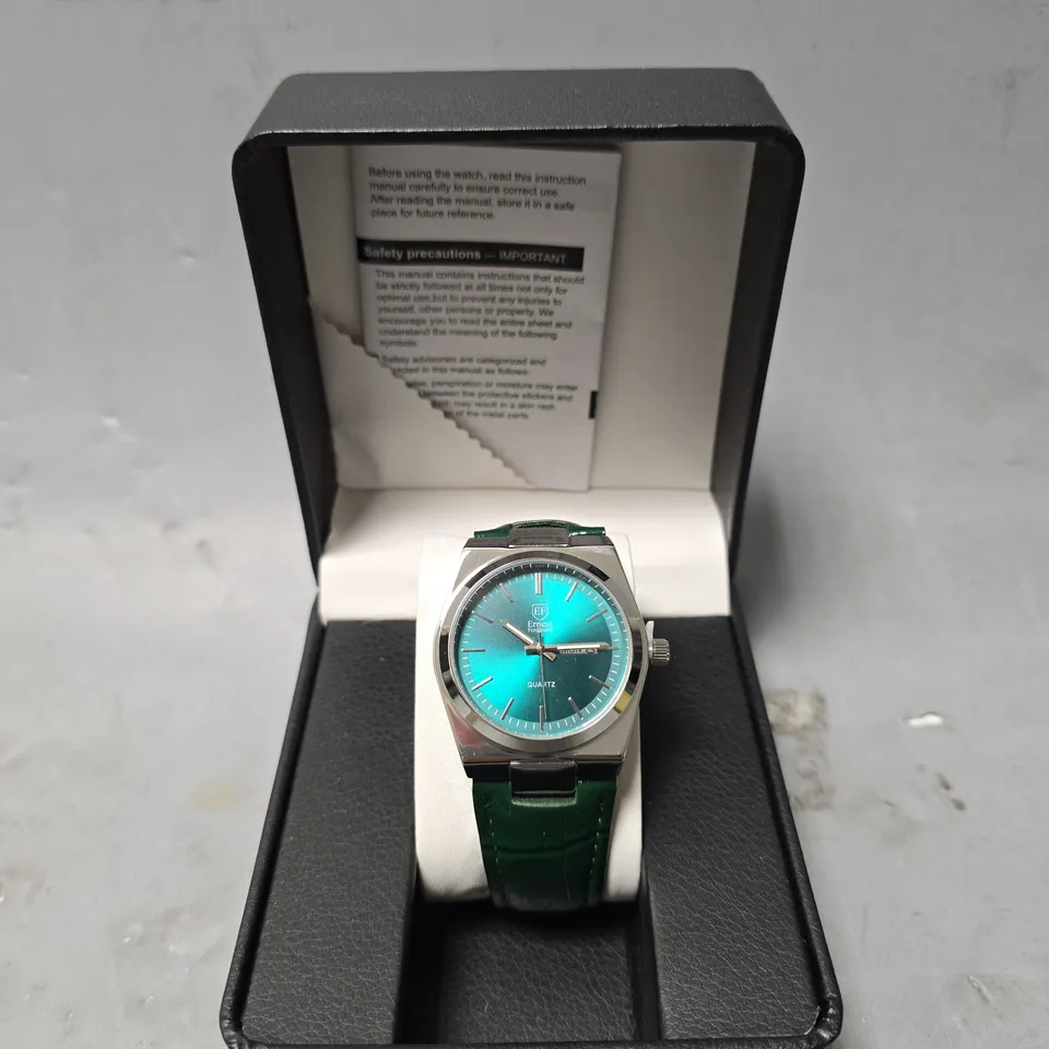  ERNEST FERDINAND WATCH – DAY DATE CALENDAR DIAL – LEATHER STRAP – 3ATM WATER RESISTANT
