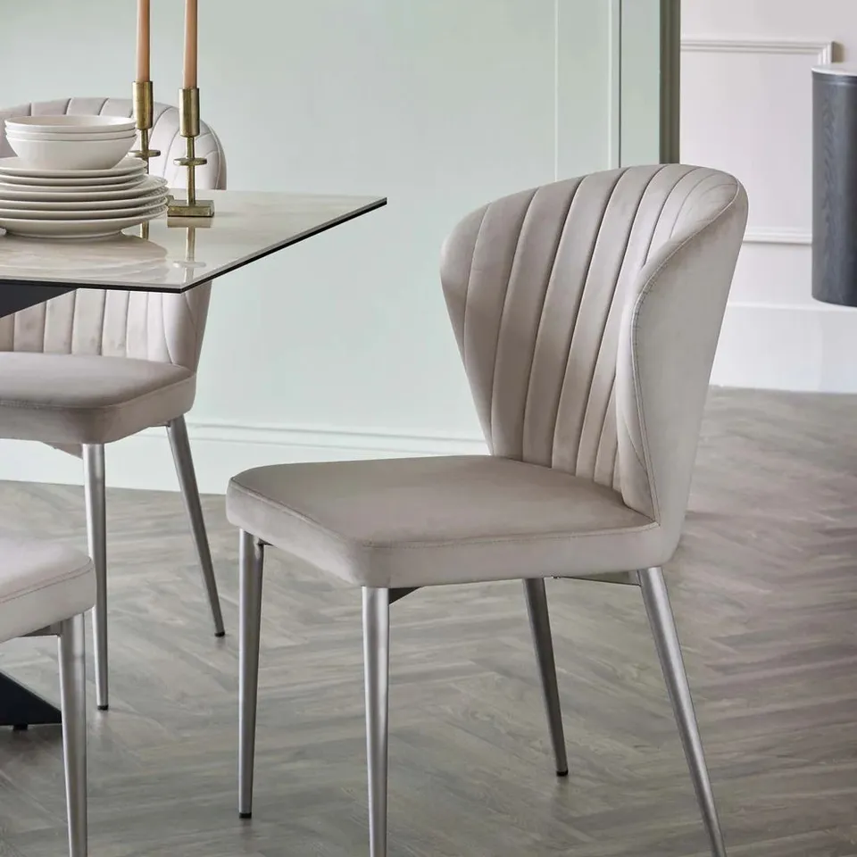 BOXED SET OF 2 DANETTI HARPER CHAMPAGNE PLUSH VELVET STAINLESS STEEL DINING CHAIRS