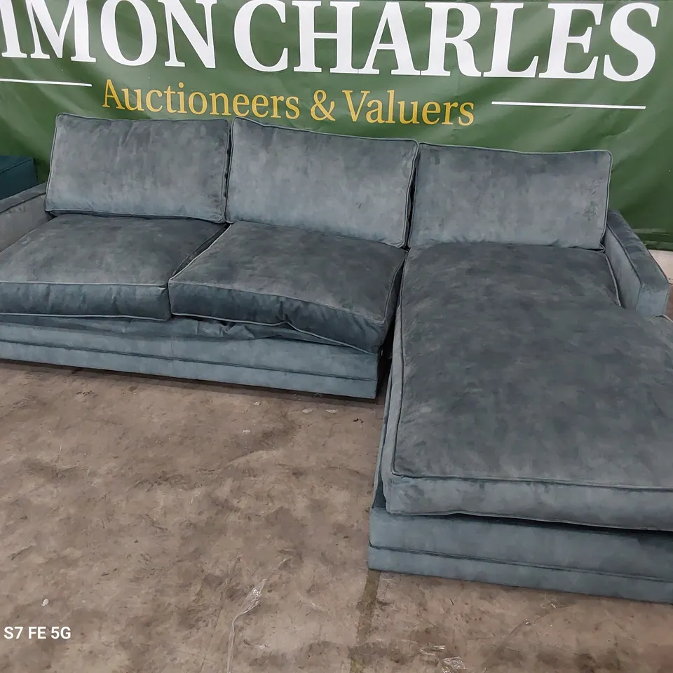 DESIGNER ALDBOURNE RH CHAISE METAL ACTION SOFABED METALLIC BLUE PLUSH FABRIC 