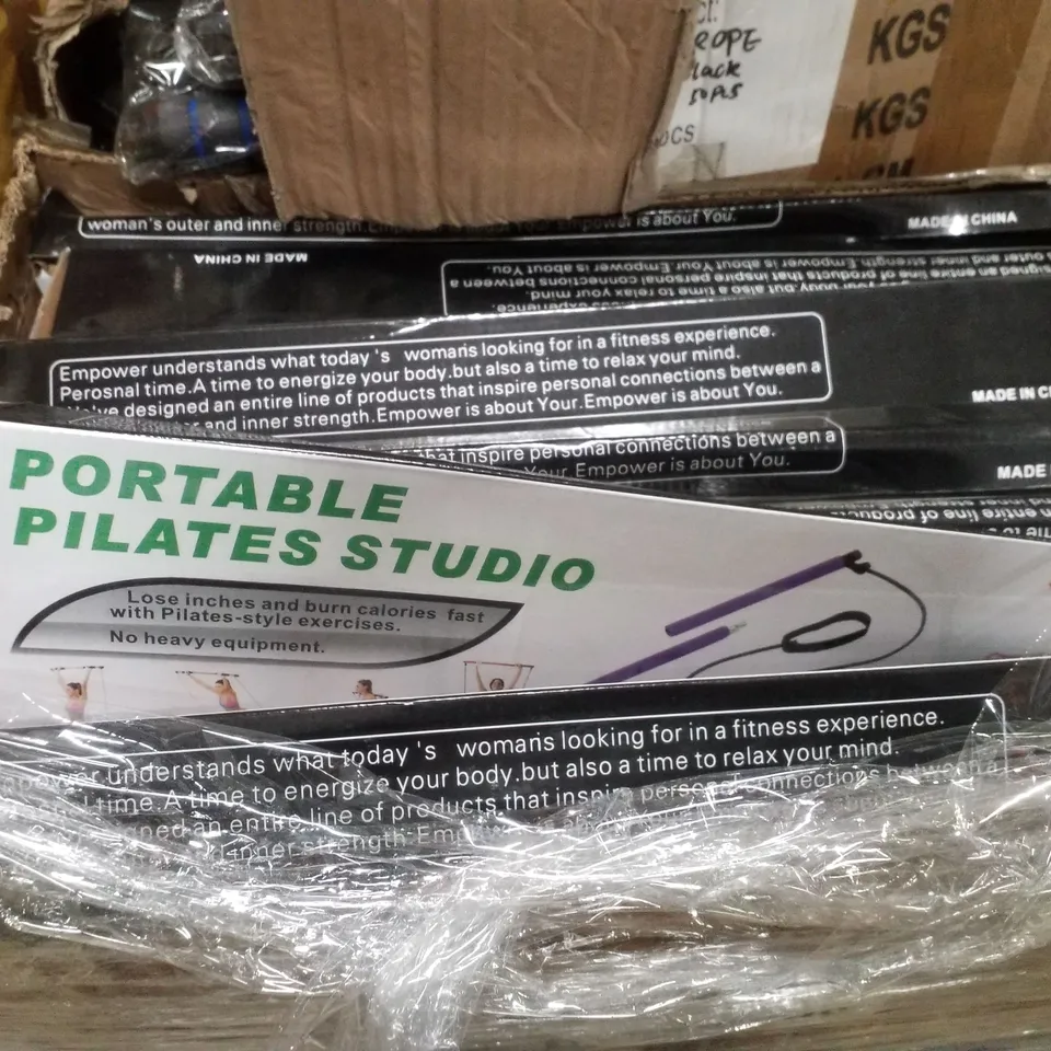 PALLET CONTAINING ASSORTED PRODUCTS INCLUDING PORTABLE PILATES STUDIO, JUMP ROPES & 2IN1 STYLUS PENS
