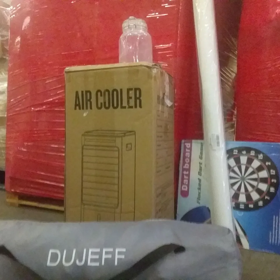 PALLET OF ASSORTED ITEMS INCLUDING BLACK AIR COOLER , DART BOARD , PVC BACKDROP,  GLASS JAR , TENT 