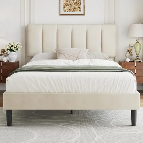 BOXED VECELO DOUBLE SIZE BED FRAME 4FT6 UPHOLSTERED PLATFORM WITH ADJUSTABLE VELVET HEADBOARD - BEIGE (1 BOX)