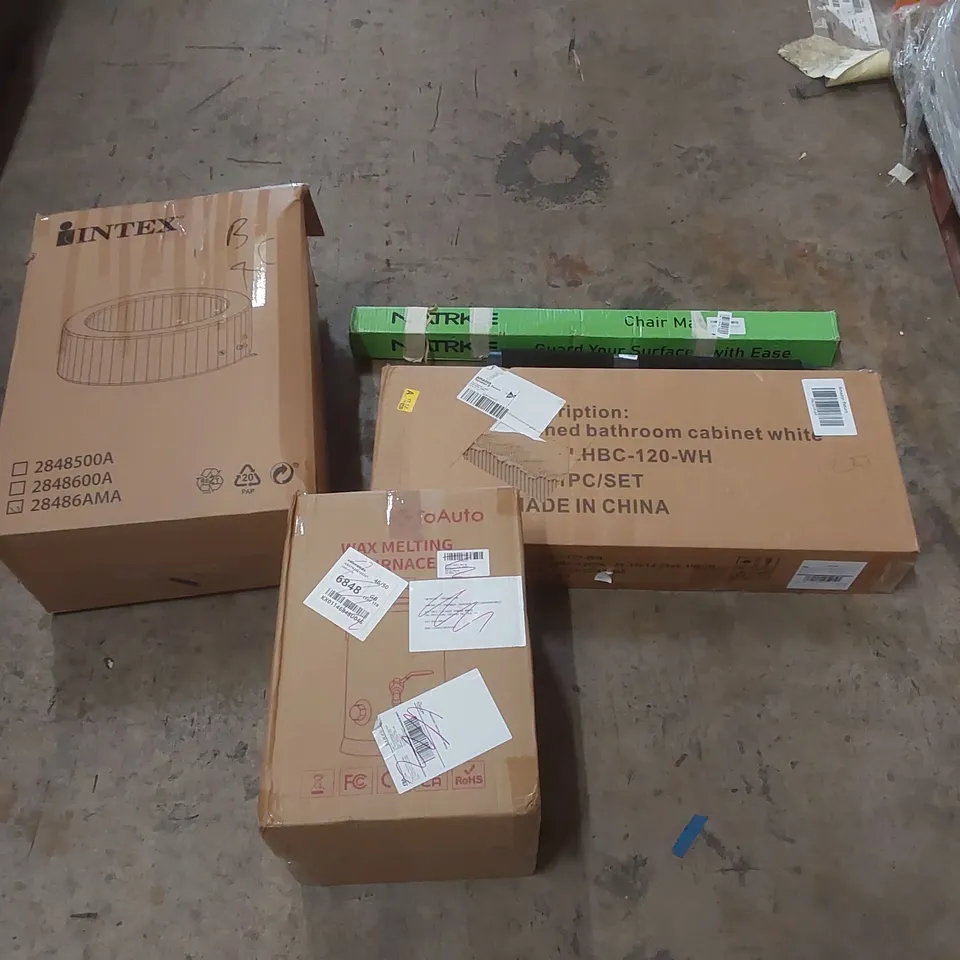 PALLET OF ASSORTED ITEMS INCLUDING: BATHROOM CABINET, WAX MELTING MACHINE. CHAIR MAT, DOOR MAT ECT