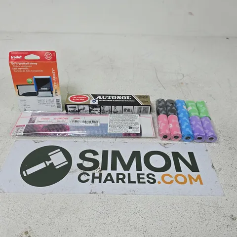 APPROXIMATELY 15 ASSORTED HOUSEHOLD PRODUCTS TO INCLUDE DOG POOP BAGS, TRODAT STAMP AND A DIAMOND ART KIT