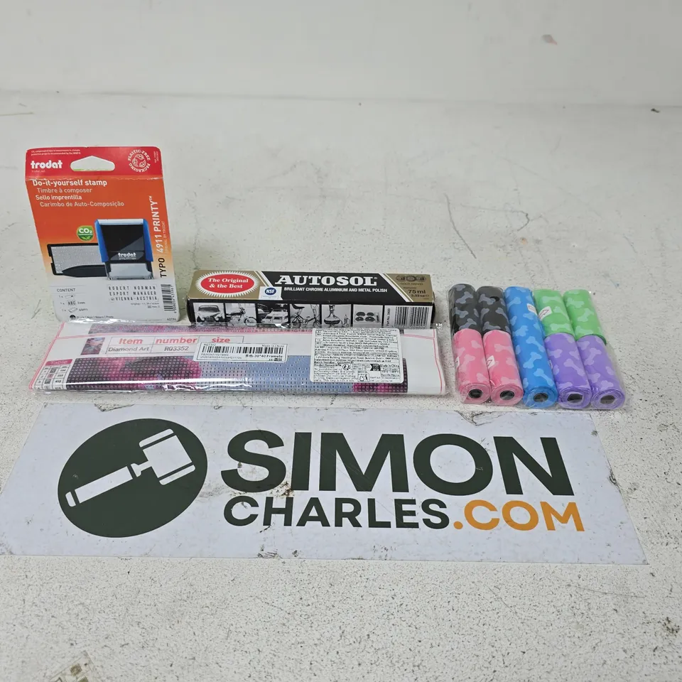 APPROXIMATELY 15 ASSORTED HOUSEHOLD PRODUCTS TO INCLUDE DOG POOP BAGS, TRODAT STAMP AND A DIAMOND ART KIT