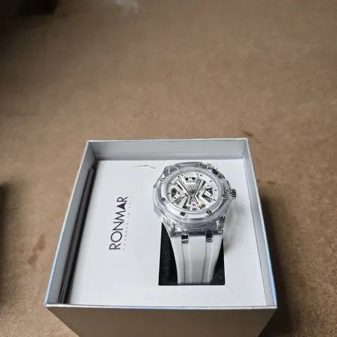 RONMAR SKELETON DIAL WRISTWATCH – WHITE STRAP (BOXED)