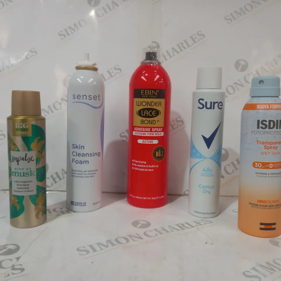APPROXIMATELY 10 ASSORTED AEROSOL ITEMS IN INCLUDE SURE ANTI-PERSPIRANT, EBIN ADHESIVE SPRAY, ISDIN FOTOPROTECTOR, ETC - COLLECTION ONLY