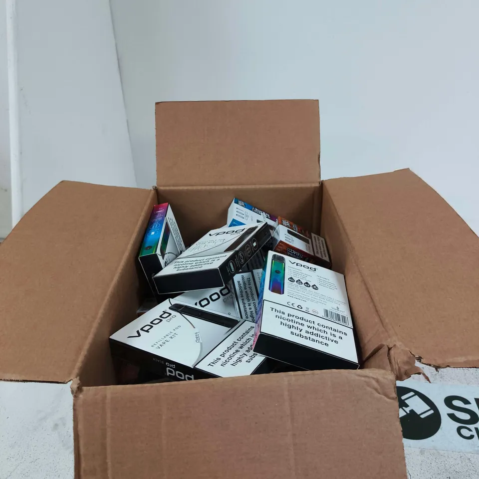 BOX OF APPROXIMATELY 40 ASSORTED E-CIGARETTES AND COMPONENTS TO INCLUDE VPOD PRO