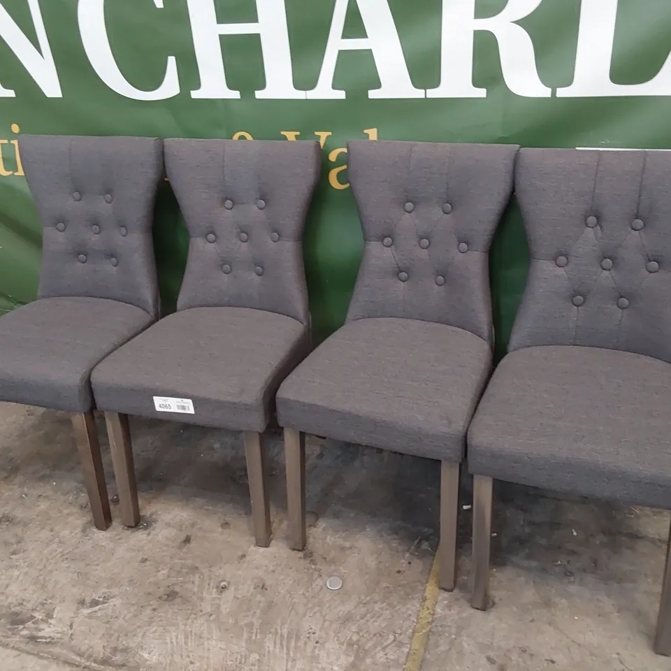 SET OF FOUR UPHOLSTERED DINING CHAIRS BUTTONED BACK CHARCOAL FABRIC ON SILVER WOOD LEGS