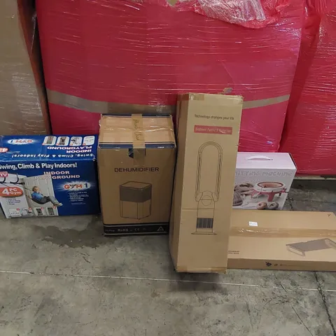 PALLET OF ASSORTED ITEMS INCLUDING: DEHUMIDIFIER, BLADELESS PURIFIER & HEATER, CHILDREN'S PLAY SET, KNITTING MACHINE, MONITOR STAND