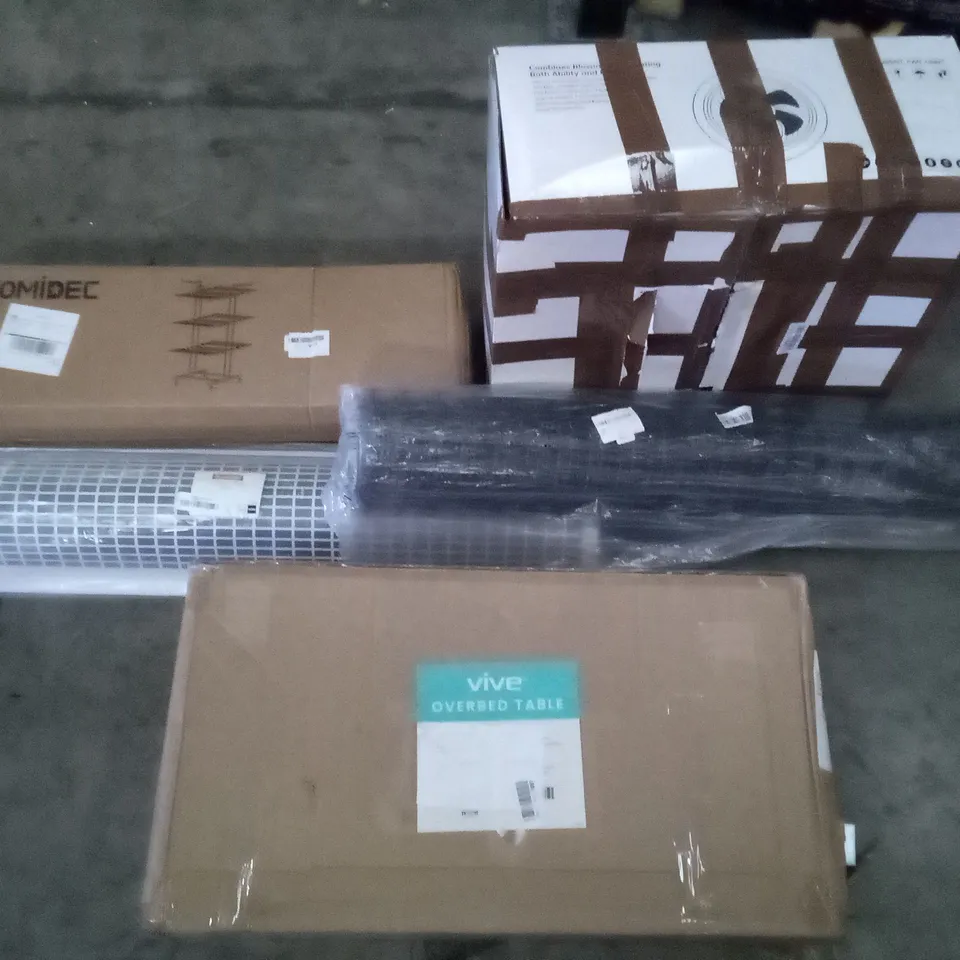 PALLET OF ASSORTED ITEMS INCLUDING HOMIDEC DRYING RACK, INTELLIGENT FAN LIGHT, VIVE OVERHEAD TABLE, GARDEN FENCE, ECO HEATER 3FT GUARD