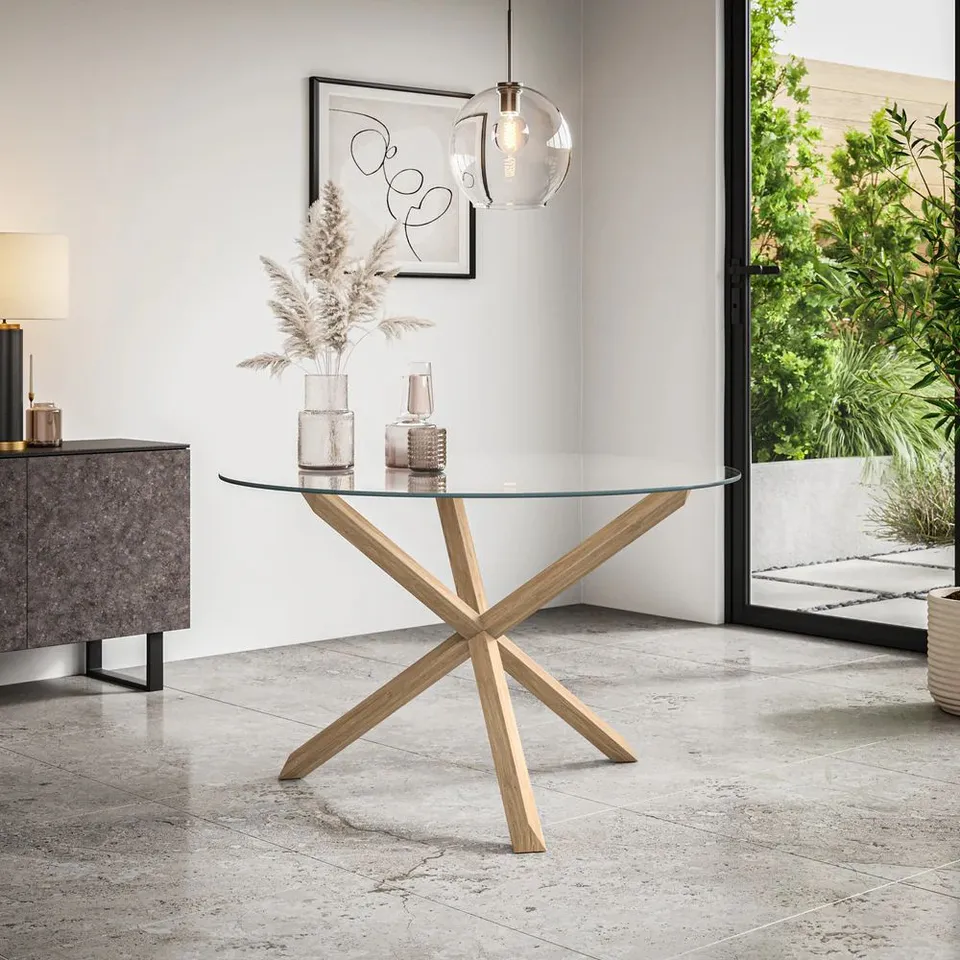 BOXED MALVERN ROUND CLEAR TOP DINING TABLE WITH OAK LEGS (2 BOXES)
