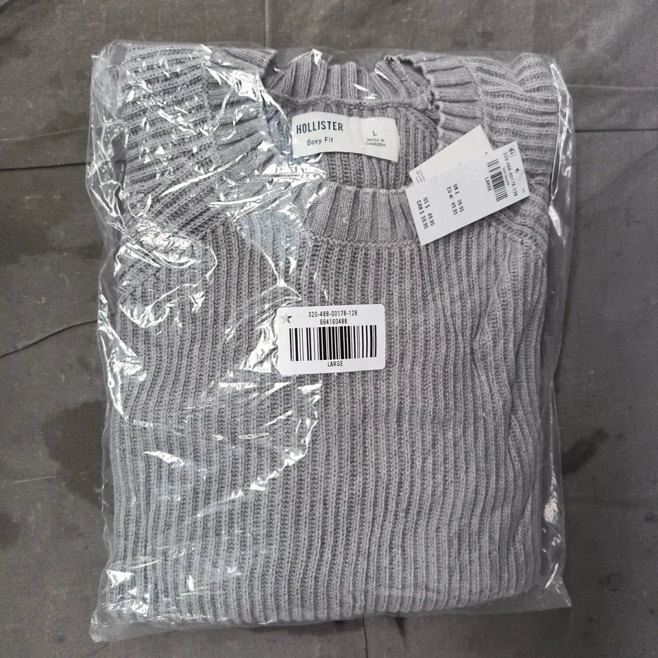 BAGGED HOLLISTER BOXY FIT LONG SLEEVE JUMPER IN GREY SIZE LARGE