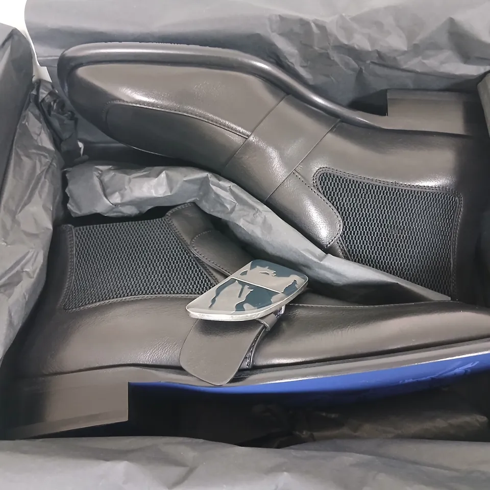 BURBERRY MEN’S LEATHER BOOTS – BLACK WITH SILVER BUCKLE STRAP, UK9