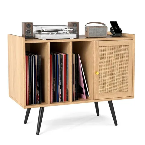 BOXED RECORD PLAYER STAND WITH CHARGING STATION AND RATTAN CABINET
