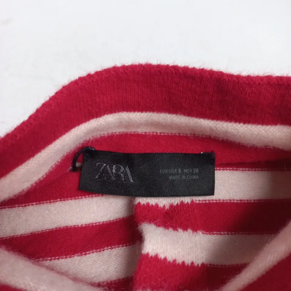 ZARA STRIPED KNIT CARDIGAN, RED & WHITE, BACK BUTTON DETAIL, EU S
