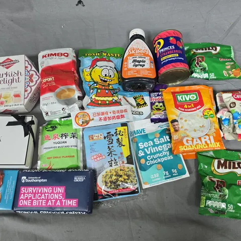 LOT OF APPROXIMATELY 30 ASSORTED FOOD ITEMS TO INCLUDE TURKISH DELIGHT, CELERAC AND SKINNYS MAPLE SYRUP