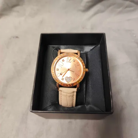 LIPSY LONDON LADIES' ROSE GOLD-TONE WATCH WITH CRYSTAL BEZEL AND CREAM STRAP