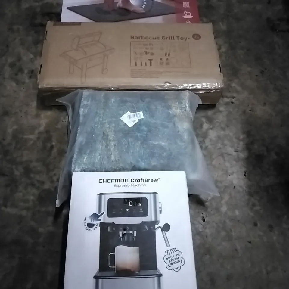 PALLET OF HOUSEHOLD ITEMS TO INCLUDE CHEFMAN CRAFTBREW, RUG, BBQ GRILL TOY, STONE BATH MAT AND OTHER ASSORTED ITEMS...