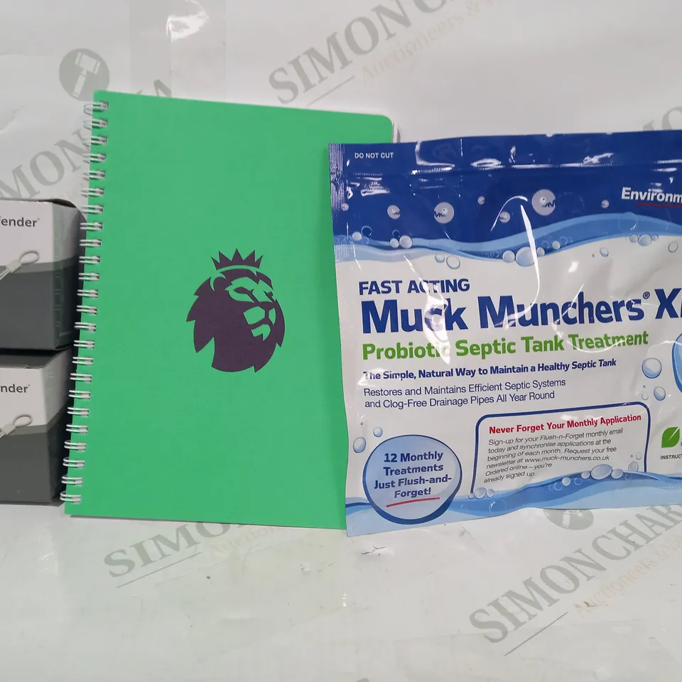 LOT OF APPROXIMATELY 10 ASSORTED HOUSEHOLD ITEMS TO INCLUDE MUCK MUNCHERS XL PROBIOTIC SEPTIC TANK TREATMENT, PREMIER LEAGUE NOTEBOOK, DOOR HANDLE ALARM, ETC
