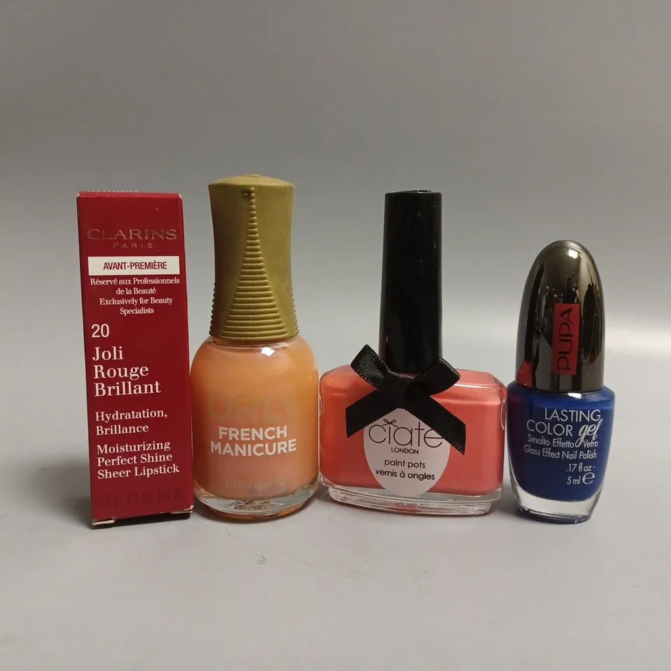 APPROXIMATELY 30 ASSORTED COSMETICS TO INCLUDE CLARINS LIPSTICK, ORLY FRENCH MANICURE, CIATE PAINT POT, PUPA NAIL POLISH