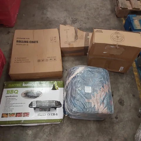 PALLET OF ASSORTED ITEMS INCLUDING: BALANCE SCOOTER, ELECTRIC BARBECUE GRILL, CEILING LIGHT, ROLLING CRATE, RUG ECT