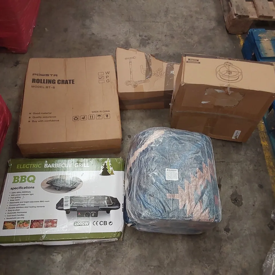 PALLET OF ASSORTED ITEMS INCLUDING: BALANCE SCOOTER, ELECTRIC BARBECUE GRILL, CEILING LIGHT, ROLLING CRATE, RUG ECT