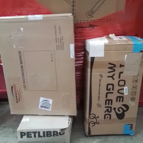 PALLET OF ASSORTED HOUSEHOLD GOODS AND PRODUCTS TO INCLUDE;LED BATHROOM MIRROR,WET FOOD FEEDER,BIKE