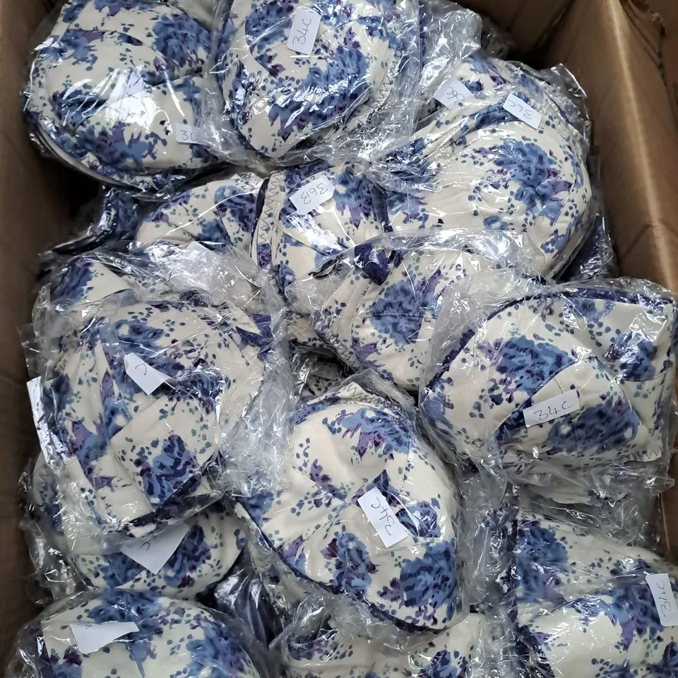 BOX OF APPROX 40 ASSORTED BLUE FLORAL BRA  - SIZES VARY 