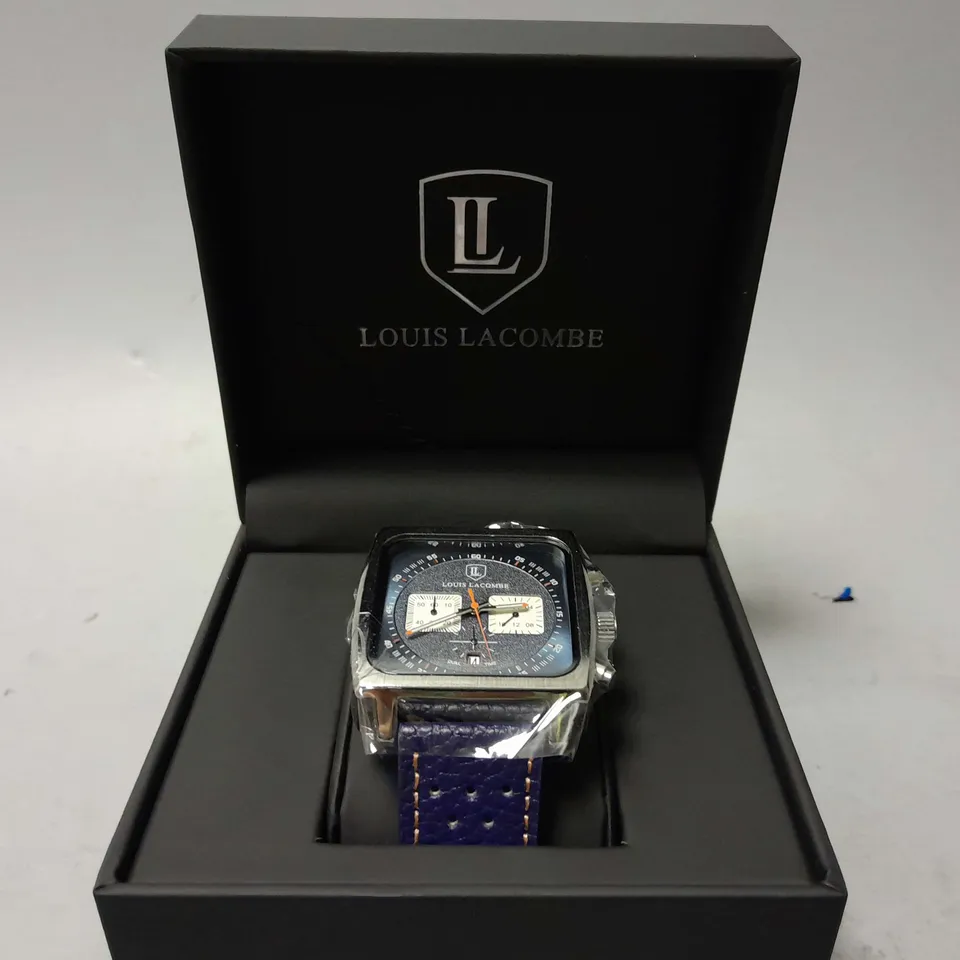 MENS LOUIS LACOMBE WATCH – SQUARE DIAL WITH WHITE SUB DIALS – LEATHER STRAP – 3ATM – HAND ASSEMBLED