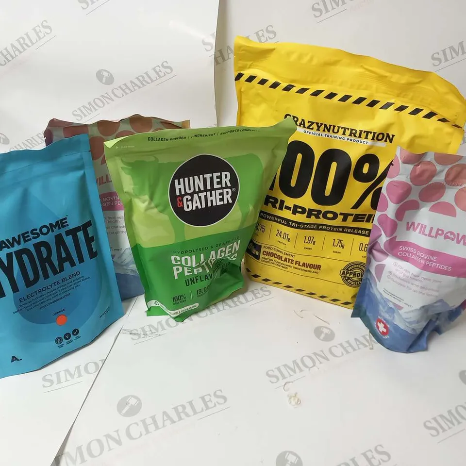 FIVE ASSORTED FOOD SUPPLEMENTS TO INCLUDE; CRAZYNUTRITION 100% TRI-PROTEIN CHOCOLATE FLAVOUR 900G, WILL POWDERS SWISS BOVINE COLLAGEN PEPTIDES 400G(X2), HUNTER AND GATHER HYDROLYSED, AWESOME HYDRATE E