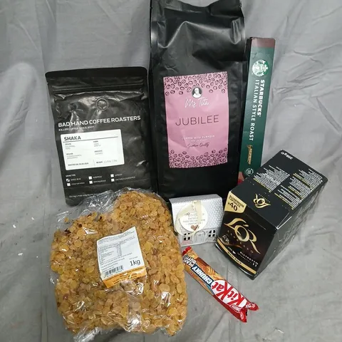 APPROXIMATELY 12 ASSORTED FOOD ITEMS TO INCLUDE MS TITA JUBILEE, STARBUCKS ITALIAN STYLE ROAST, LOR ESPRESSO PODS, ETC