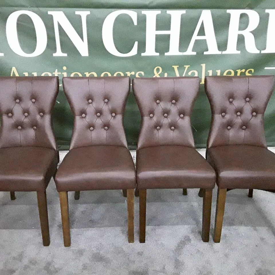 SET OF 4 BEWLEY CLUB BROWN LEATHER BUTTON BACK DINING CHAIRS (DARK OAK LEG)