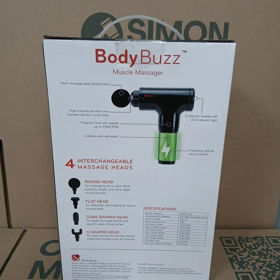 BOXED BODYBUZZ MUSCLE MASSAGER – CORDLESS HANDHELD WITH 4 INTERCHANGEABLE HEADS