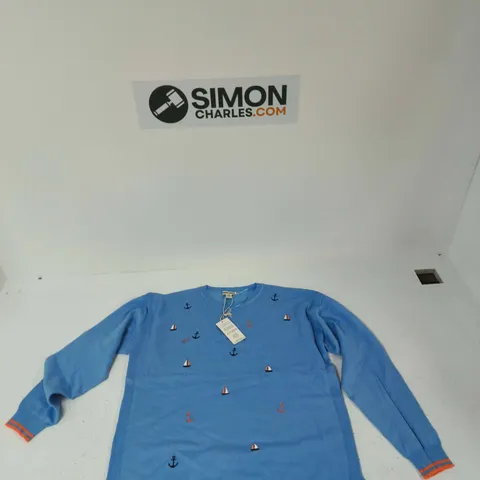 MUDFLOWER ' KNIT JUMPER – BLUE WITH NAUTICAL ANCHORS, UK 16 (EU 94, US 12)