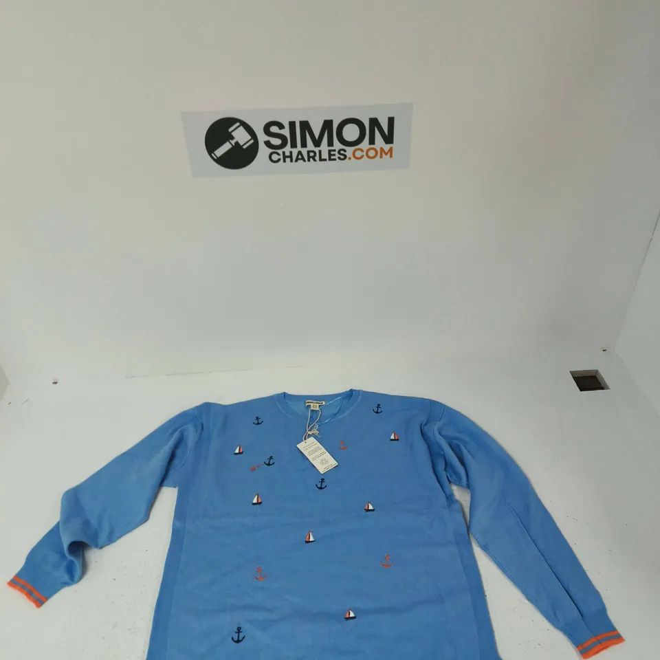 MUDFLOWER ' KNIT JUMPER – BLUE WITH NAUTICAL ANCHORS, UK 16 (EU 94, US 12)
