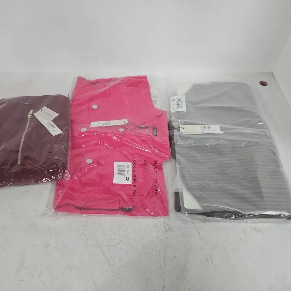 LOT OF 3 BAGGED ROMAN CLOTHING ITEMS TO INCLUDE ZIP DETAIL DRESS, BUTTON DETAIL DRESS AND JEAN POCKET JACKET - ALL 20