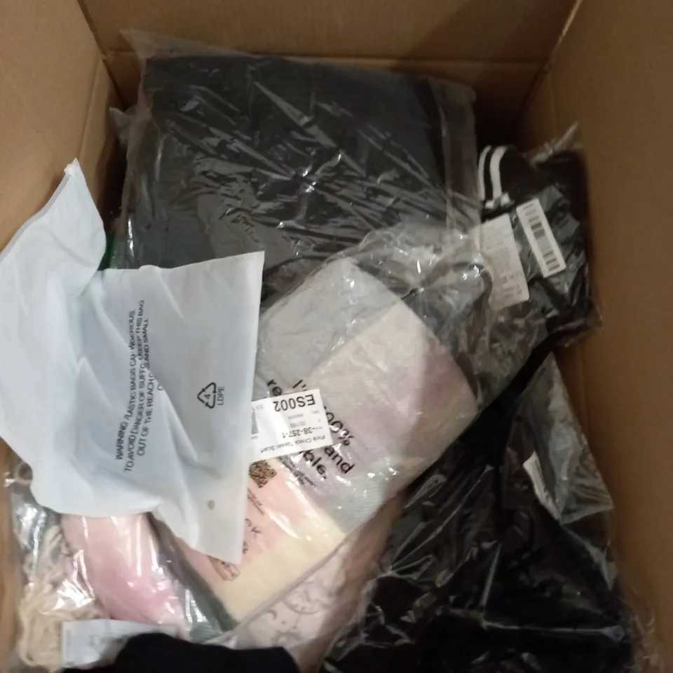 BOX OF ASSORTED CLOTHING ITEMS TOO INCLUDE JUMPERS, SHIRTS AND TROUSERS IN VARIOUS SIZES AND COLOURS   