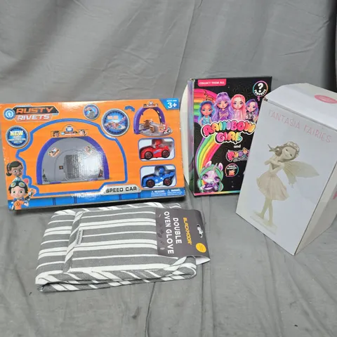 APPROXIMATELY 10 ASORTED ITEMS TO INCLUDE OVEN GLOVES, FANTASIA FARIES FIGURINE, RUSTY RIVETS SPEED CAR, ETC