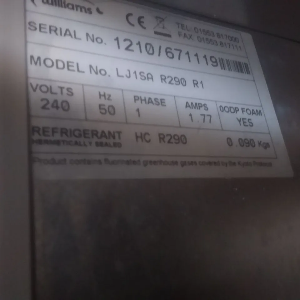 WILLIAMS LJ1SA R290 R1 UPRIGHT FREEZER - L740 X W820 X H1960MM