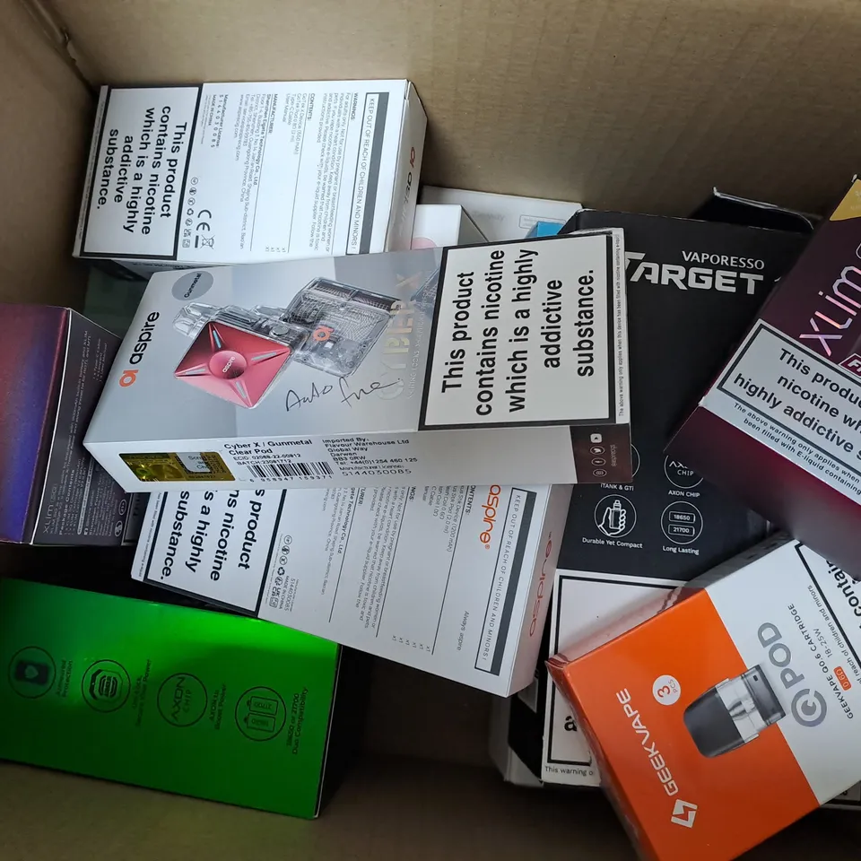 APPROXIMATELY 20 ASSORTED E-CIGARETTE PRODUCTS TO INCLUDE VAPORESSO TARGET 100, VAPORESSO ARMOUR MAX POD, ASPIRE ZELOS 3 MOD 