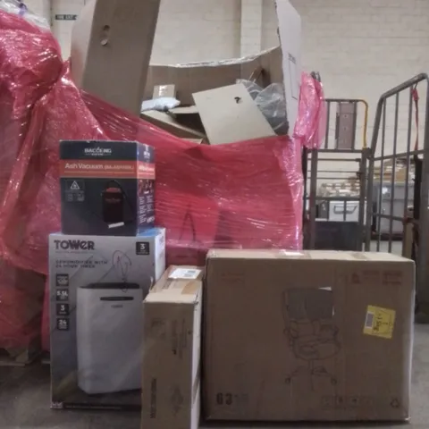 PALLET OF ASSORTED HOUSEHOLD GOODS AND FURNITURE TO INCLUDE; BACOENG ASH VACUUM CLEANER, TOWER DEHUMIDIFIER, GAMING CHAIR ETC