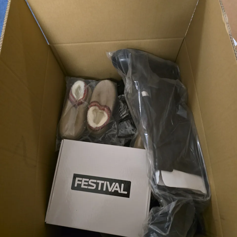 BOX OF APPROXIMATELY 15 PAIRS OF SHOES IN VARIOUS STYLES , COLOURS AND SIZES