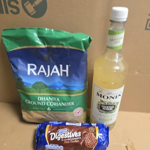 APPROXIMATELY 5 ASSORTED FOOD AND DRINK  ITEMS TO INCLUDE BISCUITS , GROUND CORIANDER AND COCKTAIL MIZERS