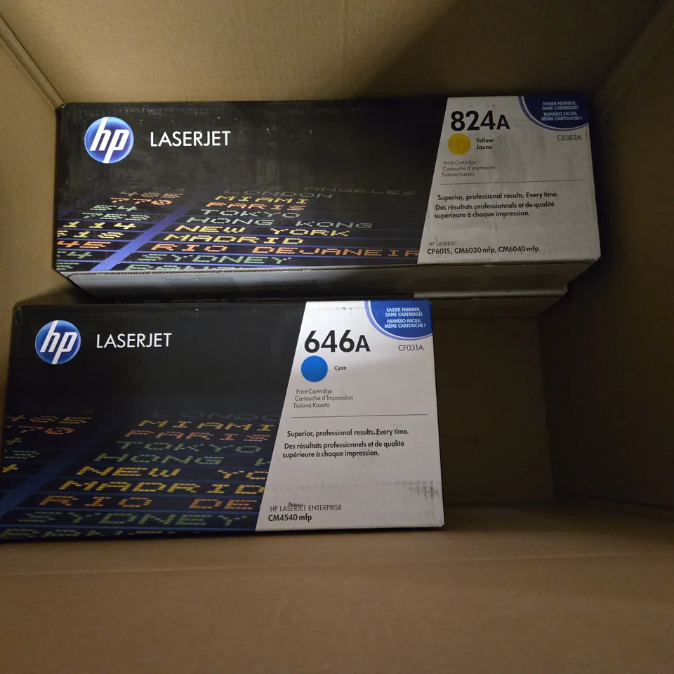 BOX OF APPROXIMATELY 6 ASSORTED PRINT CARTRIDGES TO INCLUDE - HP LASER JET 649X BLACK , HP LASERJET 646A , HP LASERJET CE320A ETC