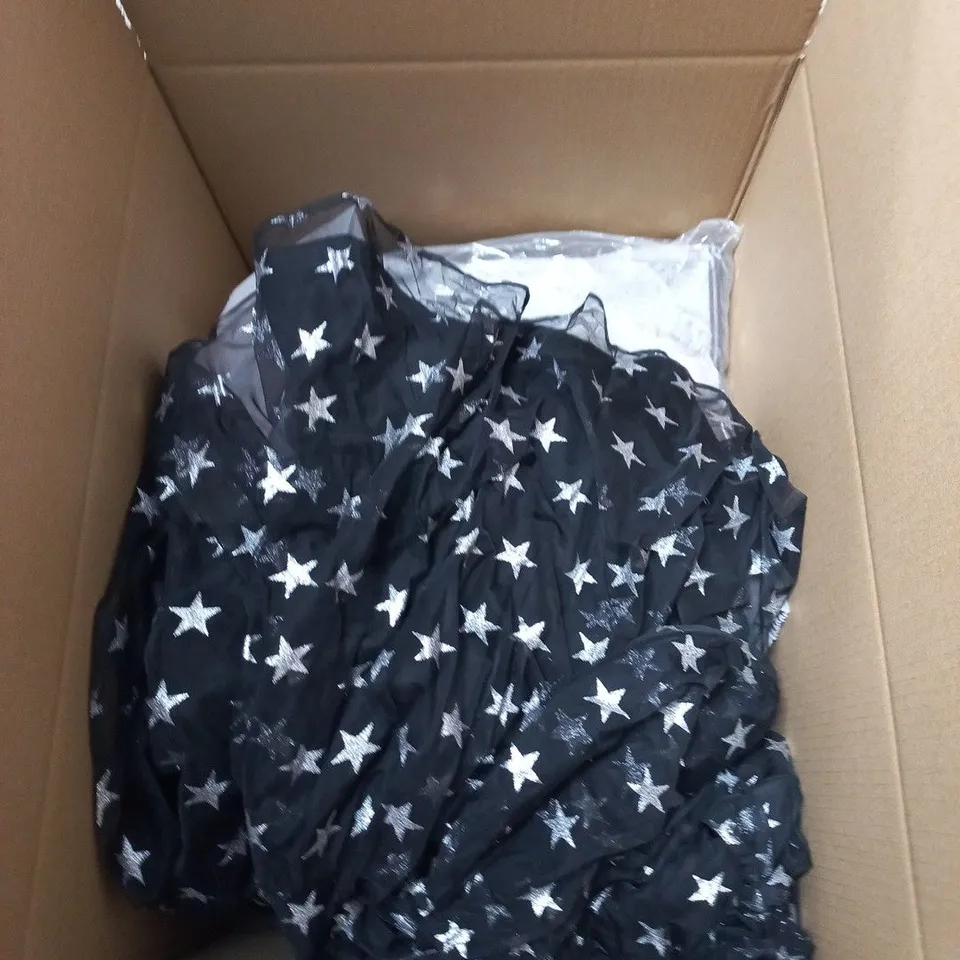 BOX OF APPROXIMATELY 20 ASSORTED CLOTHING ITEMS IN VARIOUS COLOURS, SIZES AND STYLES