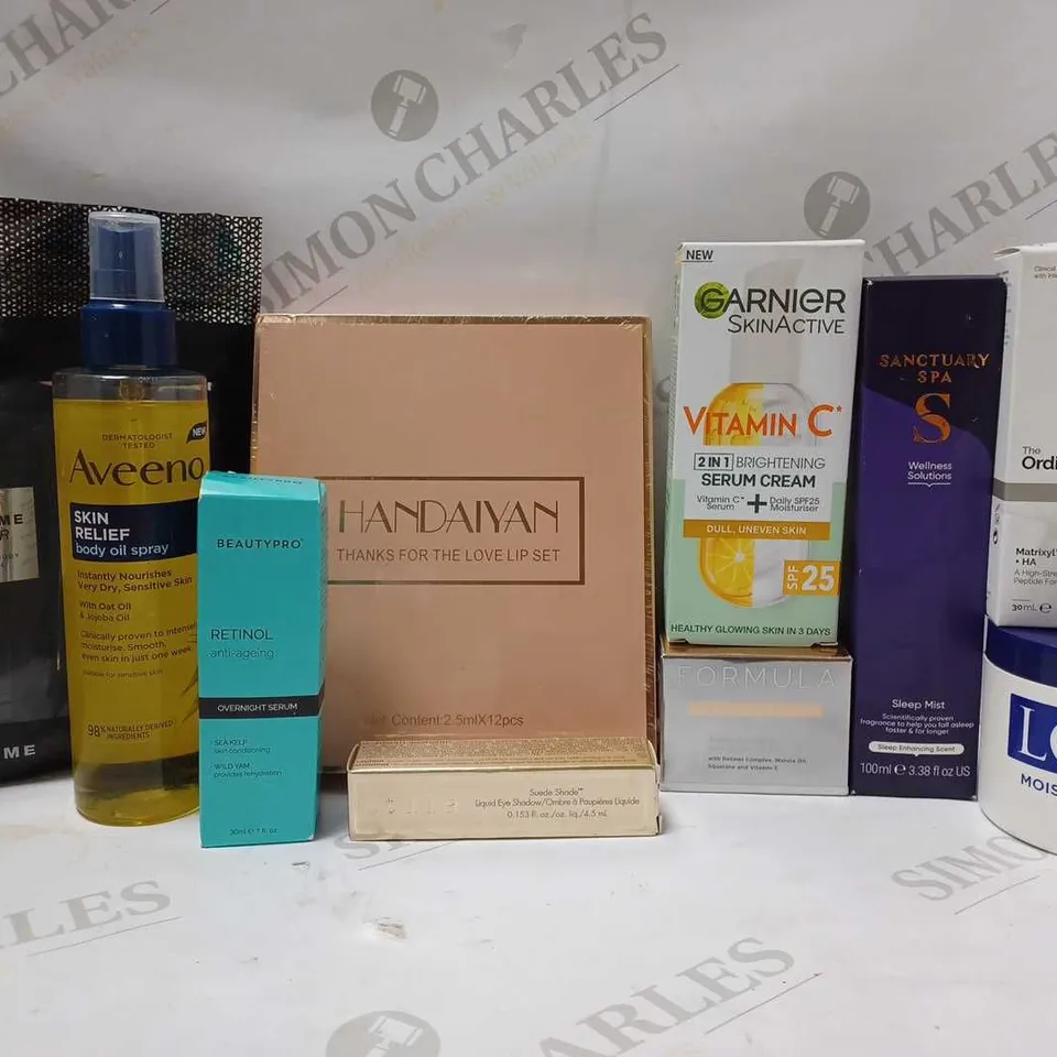 LOT OF APPROX 10 ASSORTED BEAUTY PRODUCTS TO INCLUDE AVEENO BODY OIL SPRAY, BEAUTY PRO RETINOL OVERNIGHT SERUM, FORMULA YOUTH-BOOSTING DAY CREAM, ETC