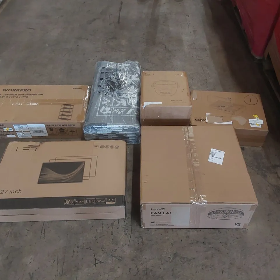 PALLET OF ASSORTED ITEMS INCLUDING: 27 INCH LED MONITOR, MINI RICE COOKER, HOT WIRE CUTTER, FAN LIGHT, METAL WIRE SHELVING UNIT, RUG ECT