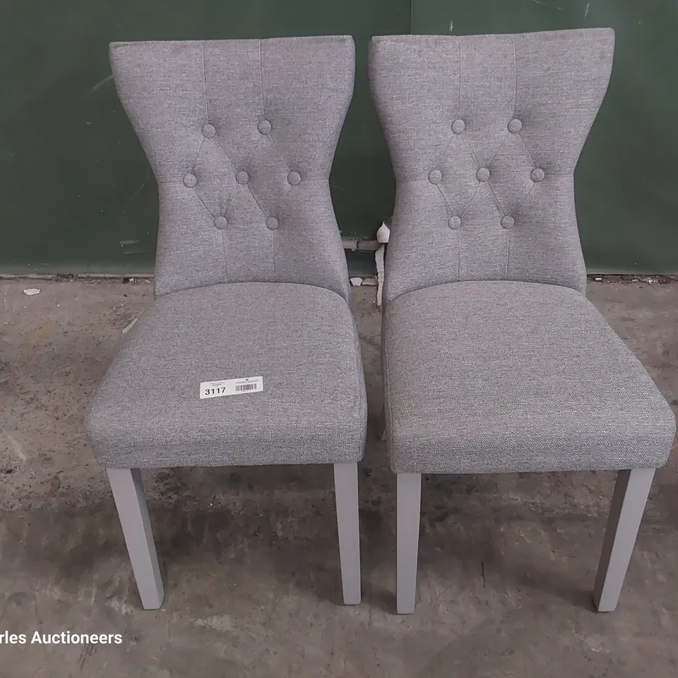 PAIR OF UPHOLSTERED BUTTONED BACK DINING CHAIRS GREY FABRIC ON GREY PAINTED LEGS 
