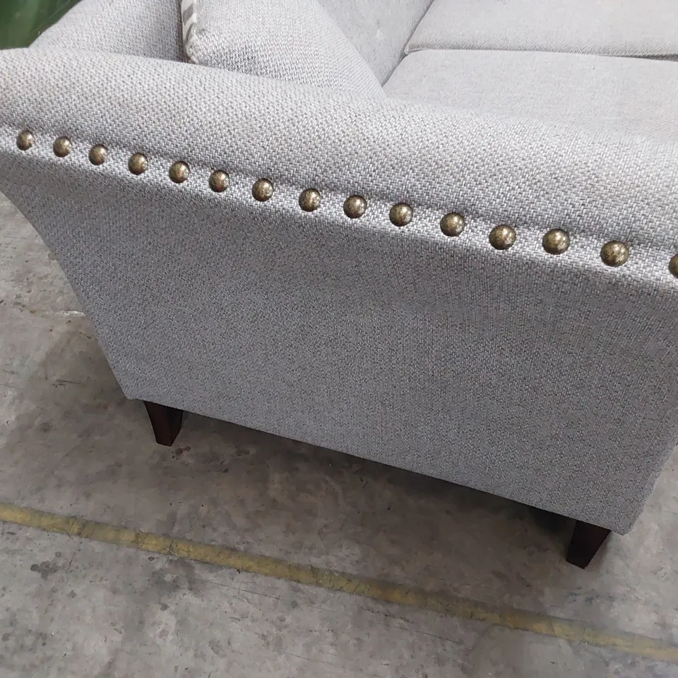 DESIGNER FOUR SEATER SOFA GREY FABRIC WITH STUDDED DETAIL 